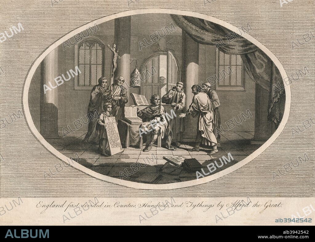 England first divided in counties, hundreds, and tythings by Alfred the Great, c880s (1793). From Ashburton's History of England, by Charles Alfred Ashburton. [W. & J. Stratford, High Holborn, London, 1793].