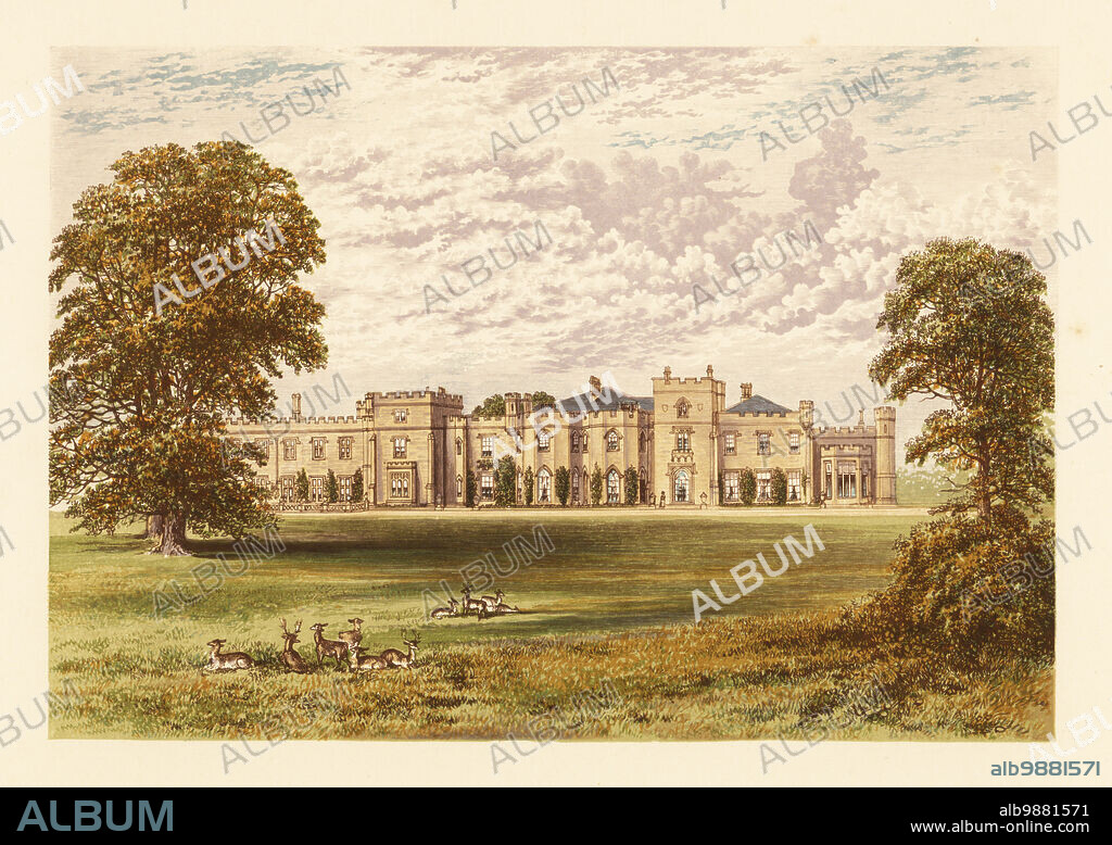 Panshanger Park, Hertfordshire, England. Gothic-Revival style house built by Samuel Wyatt and William Atkinson in 1806 with gardens landscaped by Humphry Repton for Peter Clavering-Cowper, 5th Earl Cowper. Colour woodblock by Benjamin Fawcett in the Baxter process of an illustration by Alexander Francis Lydon from Reverend Francis Orpen Morriss Picturesque Views of the Seats of Noblemen and Gentlemen of Great Britain and Ireland, William Mackenzie, London, 1880.