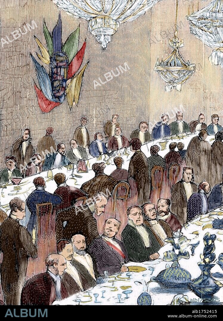 Banquet offered to guests at an opening ceremony. Engraving. Early 20th century. Colored engraving.