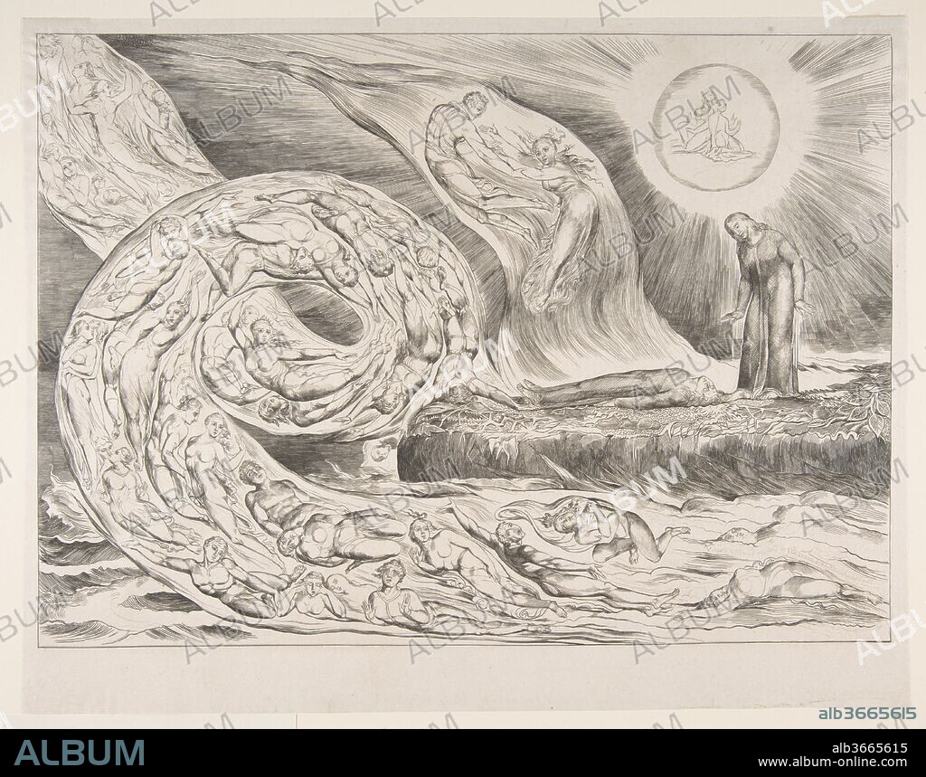 The Circle of the Lustful: Paolo and Francesca, from Dante's Inferno, Canto V. Artist: William Blake (British, London 1757-1827 London). Author: Illustrates Dante Alighieri (Italian, Florence ca. 1265-1321 Ravenna). Dimensions: plate: 9 7/16 x 13 1/4 in. (24 x 33.7 cm)
sheet: 10 3/4 x 13 13/16 in. (27.3 x 35.1 cm)
frame: 18 x 24 in. (45.7 x 61 cm). Date: ca. 1825-27.