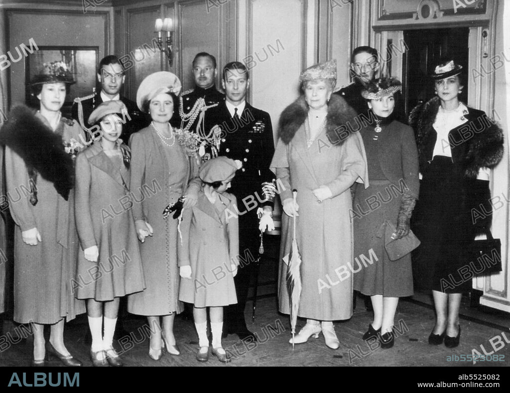 King and Queen Sail For Canada -- The King and Queen with Princess Elizabeth, Princess Margaret, Queen Mary, the Duke and Duchess of Gloucester, the Duke and Duchess of Kent, the Princess Royal (extreme left) and her husband, Earl of Harewood (right).The King and Queen sailed from Portsmouth on the liner "Empress of Australia" for their State visit to Canada and America. They were seen off at Portsmouth by their daughters, Princess Elizabeth and Princess Margaret, and other members of the Royal family. May 17, 1939.