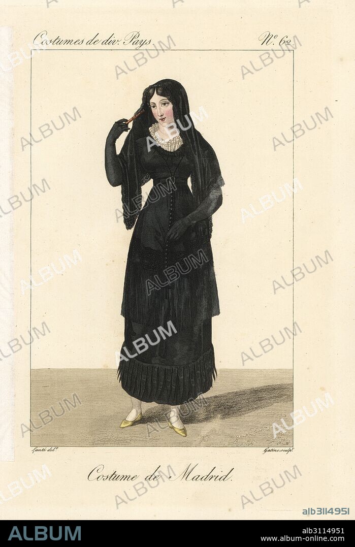 Woman of Madrid, Spain, 19th century. She wears the traditional black mantilla veil and basquina dress and carries a fan. Her rosary beads match her fan. Handcoloured copperplate engraving by Georges Jacques Gatine after an illustration by Louis Marie Lante from Costumes of Various Countries, Costumes de Divers Pays, Paris, 1827.