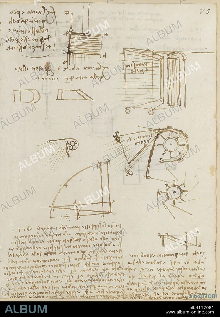 LEONARDO DA VINCI. Folio f 75r. Codex Madrid II (Ms. 8936) "Treaty of fortification, statics and geometry". 158 folios with 316 pages. Internal format: 210 x 145 mm. MATHEMATICS. APPLIED MECHANICS (MACHINES AND WITS). OBSERVATION OF NATURE. PRINCIPLES OF MECHANICS, CINEMATICS, DYNAMICS.