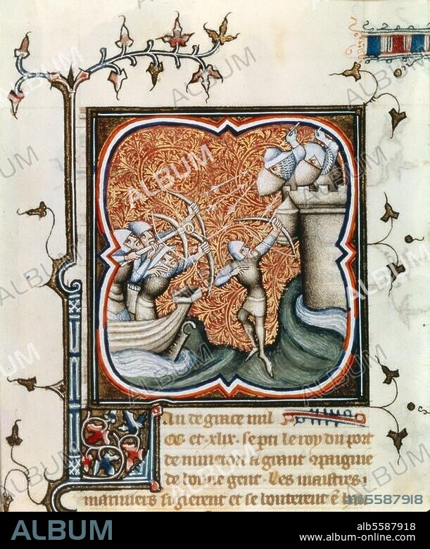 ANONYME. Sixième croisade 1248-54 (menée par Saint Louis). - Le siège de Damiette 1249. - Enluminure, XIVe siècle. In : Les Grandes Chroniques de France. Ms français 2813, fol. 281, Paris, Bibliothèque Nationale.