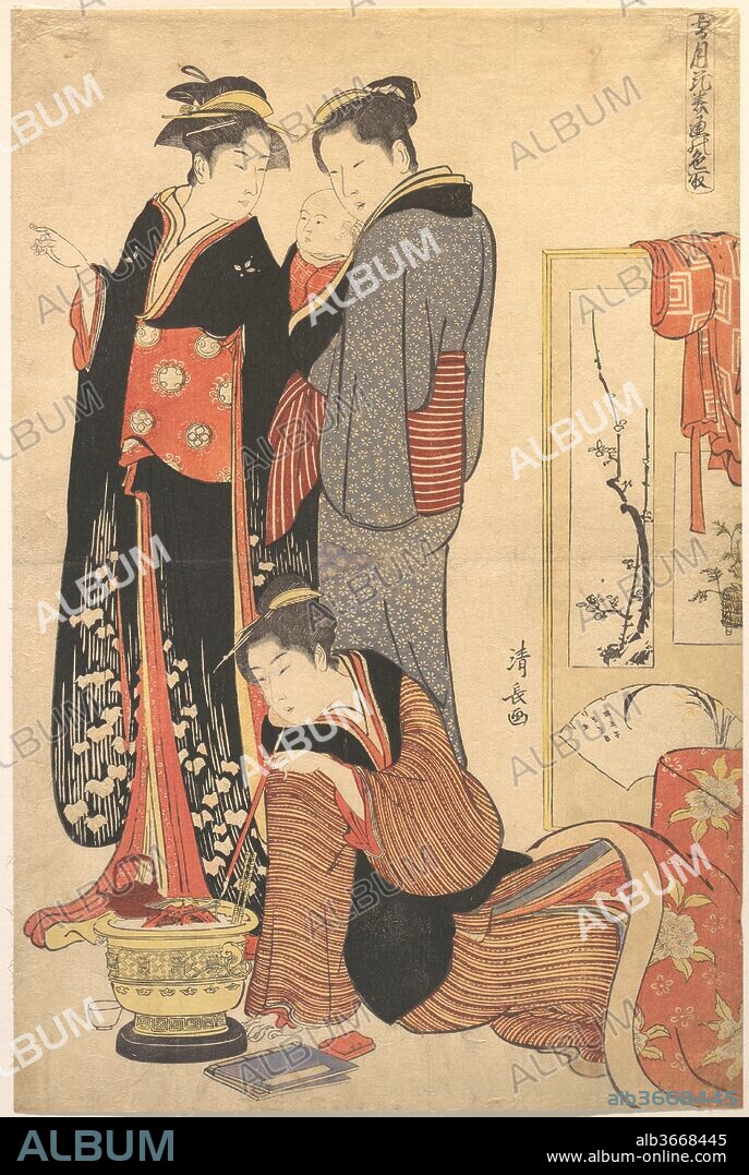 Two Women Standing, Holding a Child. Artist: Torii Kiyonaga (Japanese, 1752-1815). Culture: Japan. Dimensions: H. 15 1/8 in. (38.4 cm); W. 10 in. (25.4 cm). Date: ca. 1785.