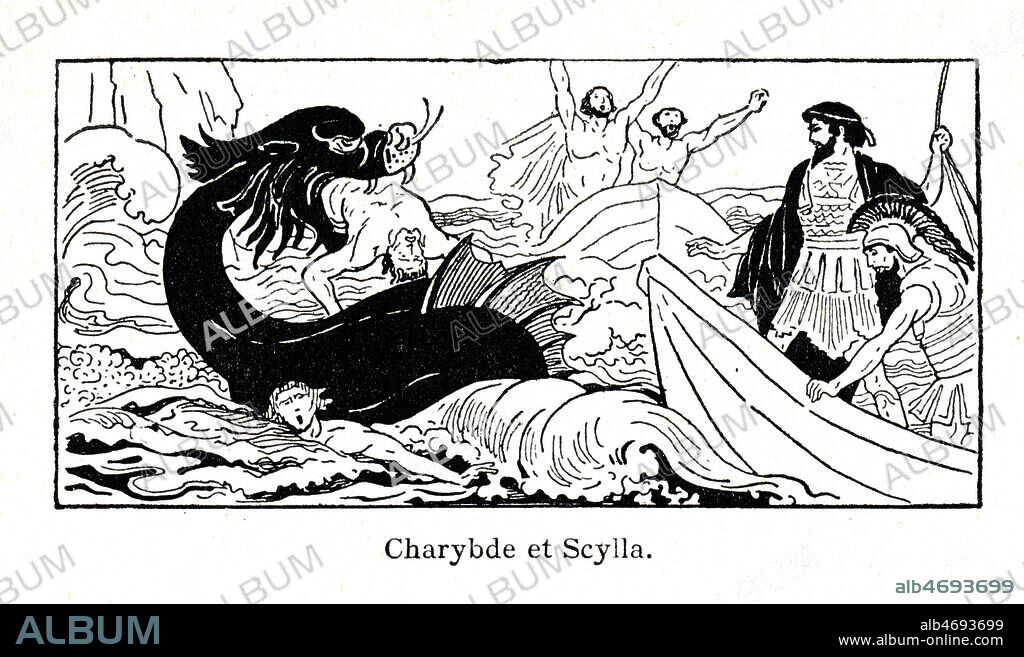 Les monstres CHARYBDE et SCYLLA. Illustration de 1914 par Andre BONAMY (1880-1943) pour Le retour D'Ulysse de Jean-Baptiste COISSAC (19-20 s.). Credit: Coll. Jonas/Kharbine-Tapabor.