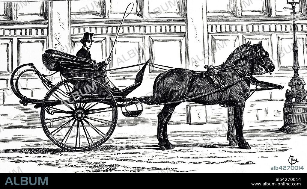 An engraving depicting a curricle, a light, open, two-wheeled carriage pulled by two horses side by side. Dated 19th century.