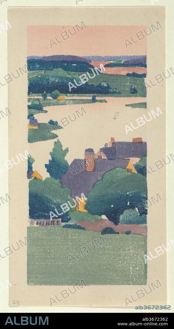 View of Ipswich, or A Bend in the River. Artist: Arthur Wesley Dow (American, Ipswich, Massachusetts 1857-1922 New York State). Dimensions: image: 5 x 2 5/16 in. (12.7 x 5.9 cm). Date: ca. 1895.
Part of a series titled "Along Ipswich River," this upright composition echoes Japanese pillar prints and reflects the artist's study of Hokusai and Hiroshige. Dow was one of the first Americans to master Japanese woodblock printing techniques, wedding an admiration for Oriental aesthetics with an English Arts and Crafts sensibility. He called his woodcuts "color themes," and they demonstrate his devotion to Eastern concepts of line, color, and notan-the balance of light and dark. He executed the entire printmaking process by hand, carving and inking the blocks and then printing them sequentially on damp mulberry paper. In this case he did not use a linear key block to pull elements together but evokes landscape forms by juxtaposing color shapes.