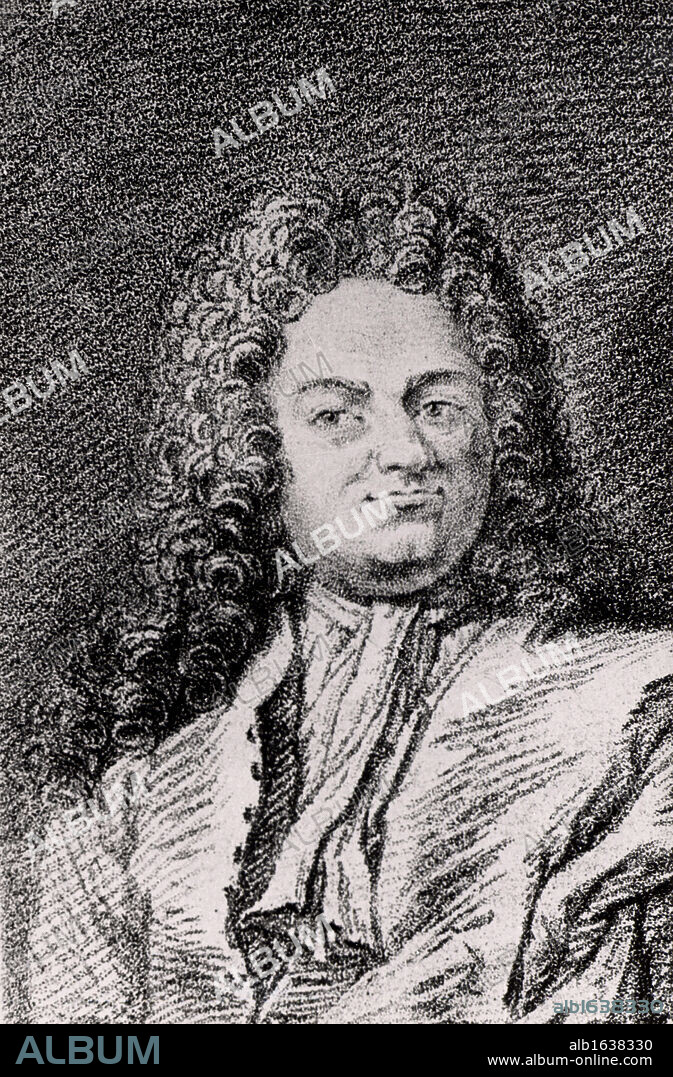 Christian Wolff or Wolf or Wolfius (1679-1754) German philosopher born in Breslau.  Professor mathematics and natural philosophy at Halle University (1706-1723 and from 1740). Professor at Marburg University (1723-1740).     Engraving from Histoire des Philosophes Modernes by Alexandre Saverien (Paris, 1762).