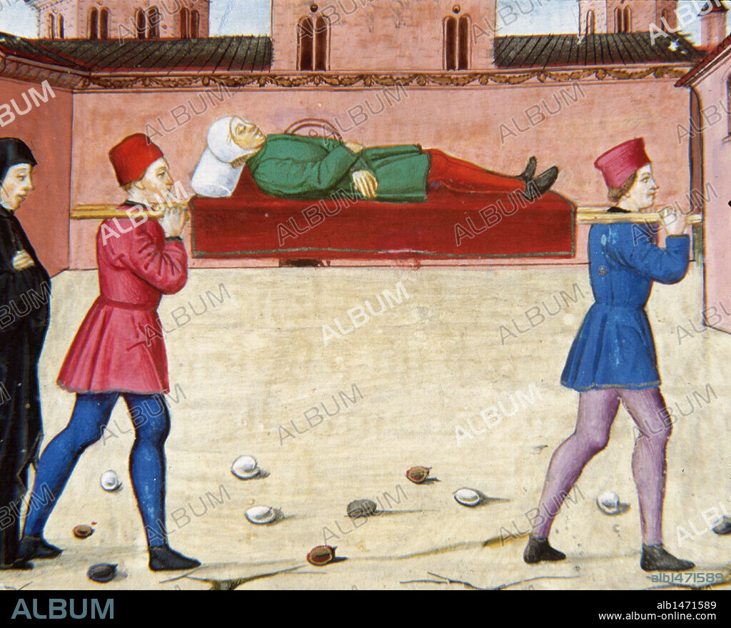 "JESUS YENDO A NAIM, ENCUENTRA A GENTE LLEVANDO UN MUERTO, HIJO UNICO DE UNA MADRE VIUDA, Y SE CONMUEVE Y LO RESUCITA". Página miniada del CODICE DE PREDIS (1476). Renacimiento-Quattrocento (s. XV). Biblioteca Real. Turín. Italia.
