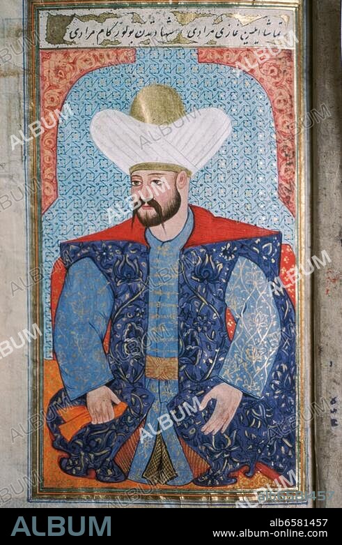Bajasid (Bayazet / Bayezid) I., genannt Jilderim (der Blitz); Sultan des Osmansischen Reiches (1389-1402); Demotika 1360-Aksehir 8./9. März 1403. /-Bildnis des Sultans Bajasid I.-/ Türkische Miniatur, osmanisch. Gouache auf Papier. Aus einer Serie von Bildnissen der Sultane.