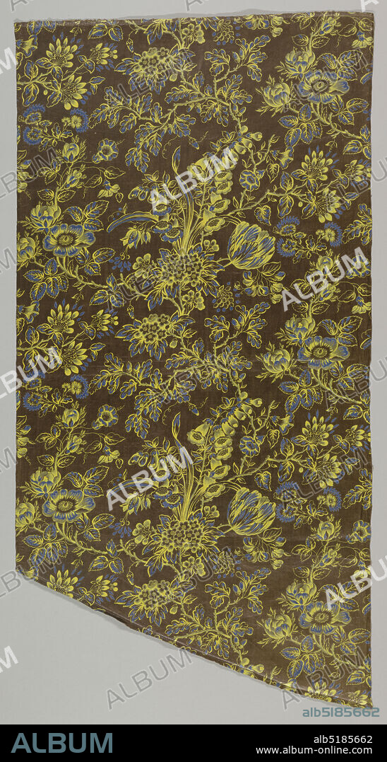 Textile, Medium: cotton Technique: printed by engraved roller on plain weave; discharge mordant painted and dyed with resist dyed (chintz) on plain weave, Valance-shaped piece of glazed chintz with an all-over design of natural-size roses and cornflowers, in bright blue and acid yellow on a dark brown ground., France or England, 1830s40s, printed, dyed & painted textiles, Textile.
