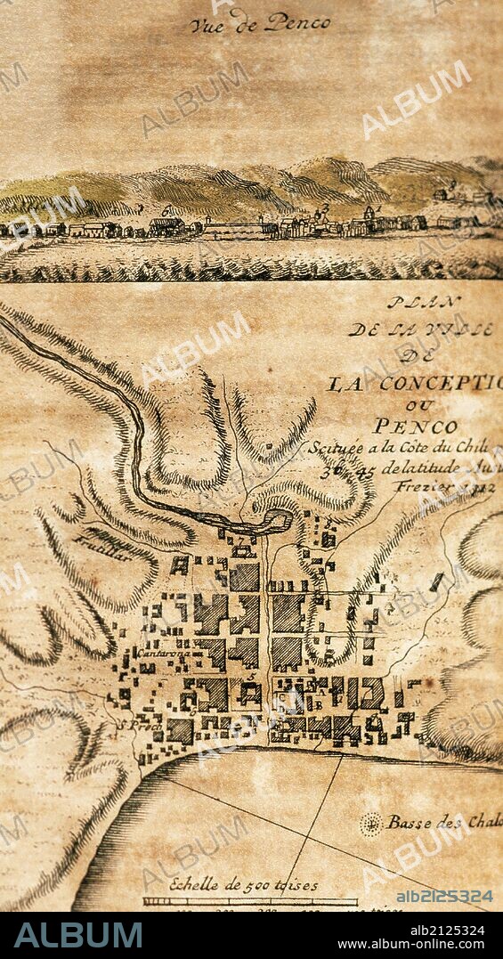 AMERICA DEL SUR. CHILE. SIGLO XVIII. CHILE. Plano de la VILLA DE LA CONCEPCION o PENCO, situada en la costa de Chile a 30,45 grados de latitud Austral. Provincia y departamento de Concepción. Plano y dibujo de Luis Amadeo Frezier. Militar e ingeniero francés. (Año 1712). Grabado francés editado en París enel año 1716.