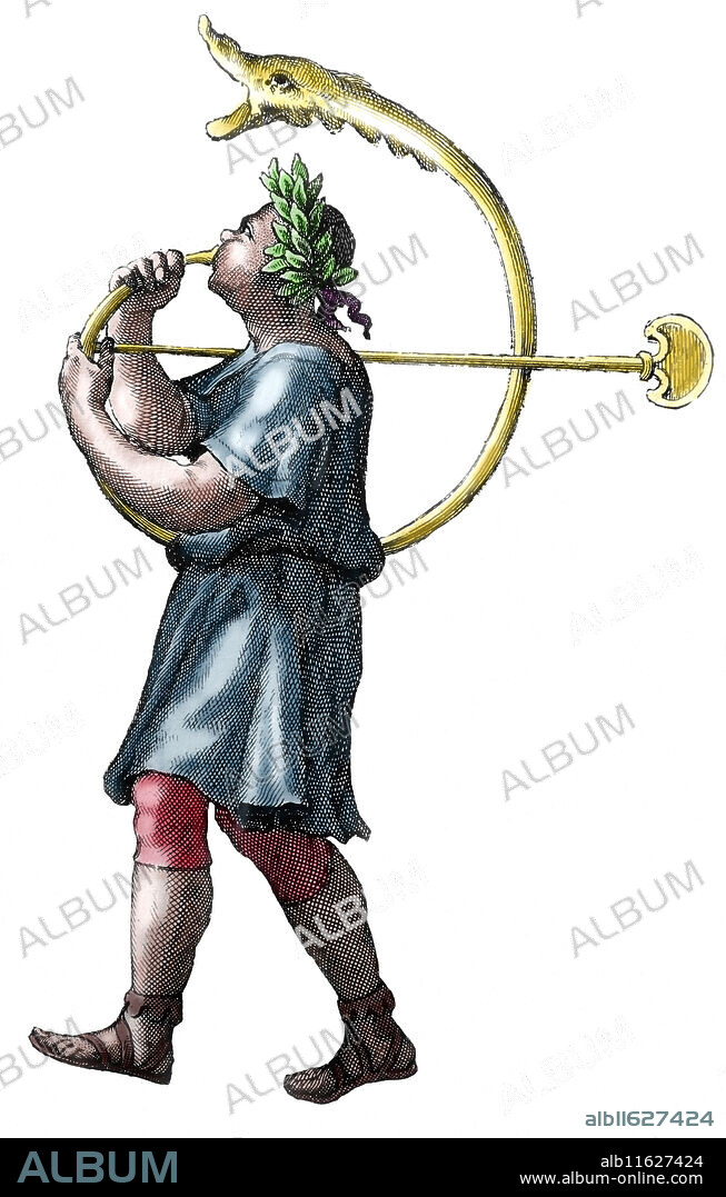 Military of ancient Rome. Buccinator, played a buccina, used to transmit acoustic orders. Engraving, 19th century. Later colouration.