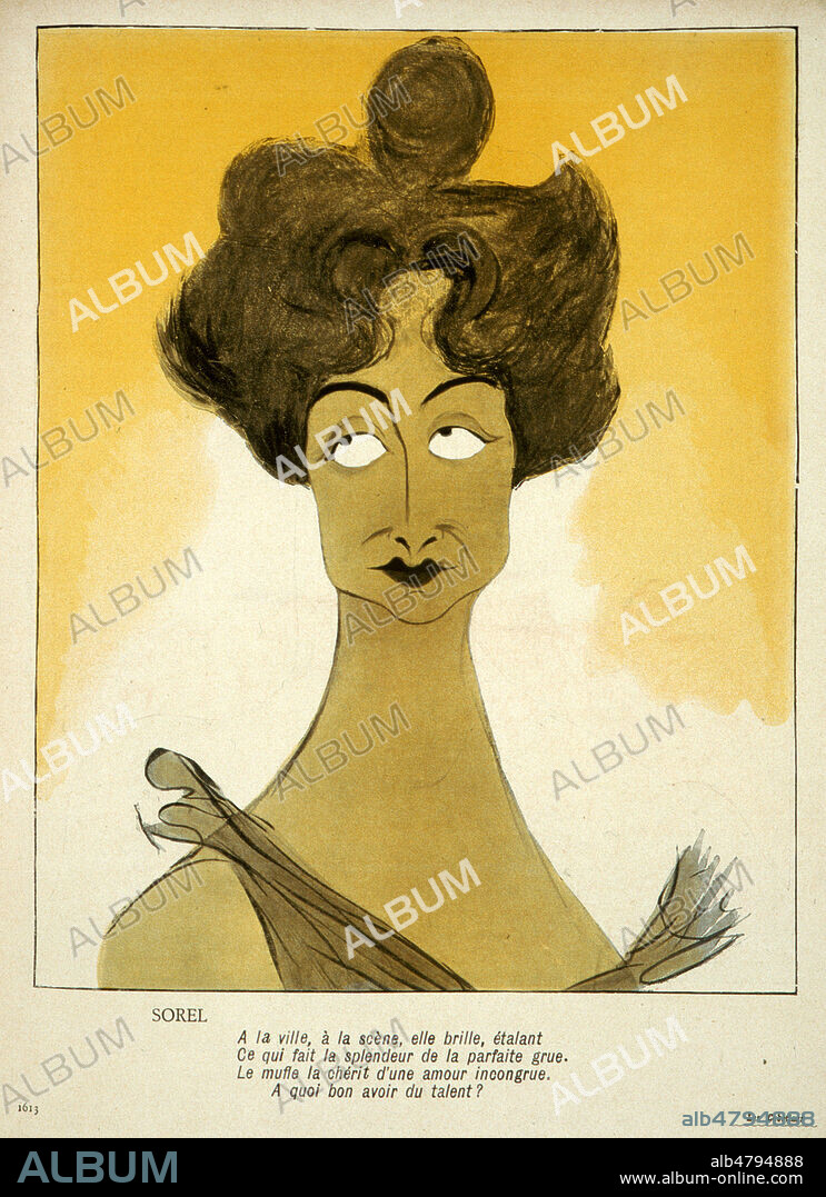 Caricature de Cecile SOREL (1873-1966) par Leal De CAMARA (1877-1948) pour L'Assiette au Beurre du 31 janvier 1903. Credit : Collection KHARBINE-TAPABOR.