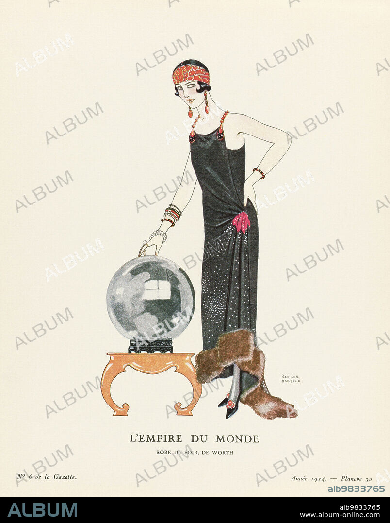 EDITORIAL La Promeneuse Mélancolique. The Melancholy Walker. Robe d'après-midi, de Beer. Afternoon dress by Beer. Art-deco fashion illustration by French artist George Barbier, 1882-1932. The work was created for the Gazette du Bon Ton, a Parisian fashion magazine published between 1912-1915 and 1919-1925.
