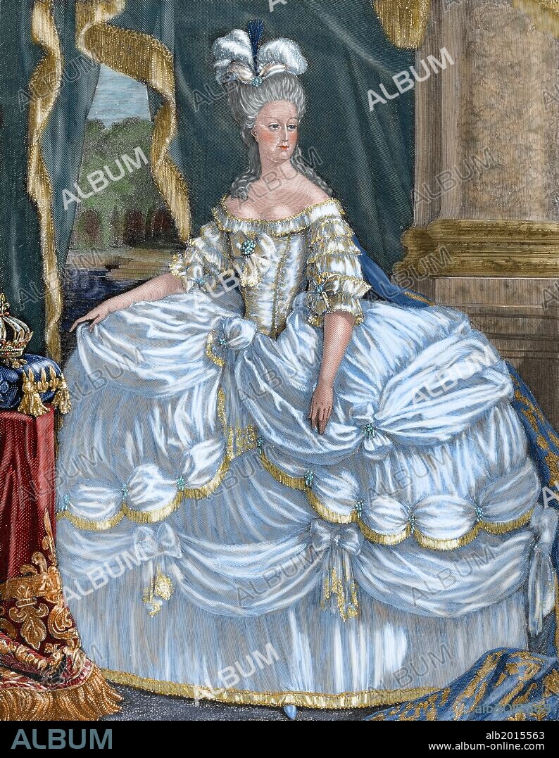Marie Antoinette (1755-1793). Wife of Louis XVI and Queen of France (1774-92). Since the beginning of the French Revolution was the top representative of the conservative aristocracy. On October 16, 1793 was tried and convicted. Colored engraving.