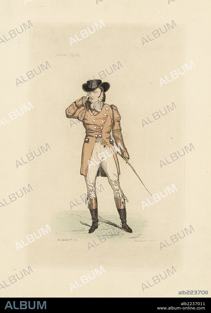English man in the fashion of September 1806. He wears a boat hat, a crotin-coloured jacket, suede breeches and boots. He carries a stick and monocle. Chapeau en bateau, habit couleur crotin, culottes de peau. Handcoloured illustration by Horace Vernet, etching by Auguste Etienne Guillaumot Jr. from "English Costumes during the Revolution and First Empire, 1795-1806," Levy, Paris, 1879.