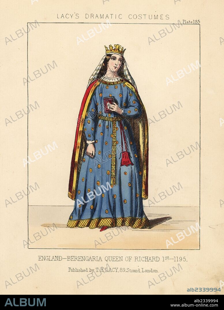 Berengaria, Queen of King Richard I of England, 1195. Handcoloured lithograph from Thomas Hailes Lacy's "Female Costumes Historical, National and Dramatic in 200 Plates," London, 1865. Lacy (1809-1873) was a British actor, playwright, theatrical manager and publisher.