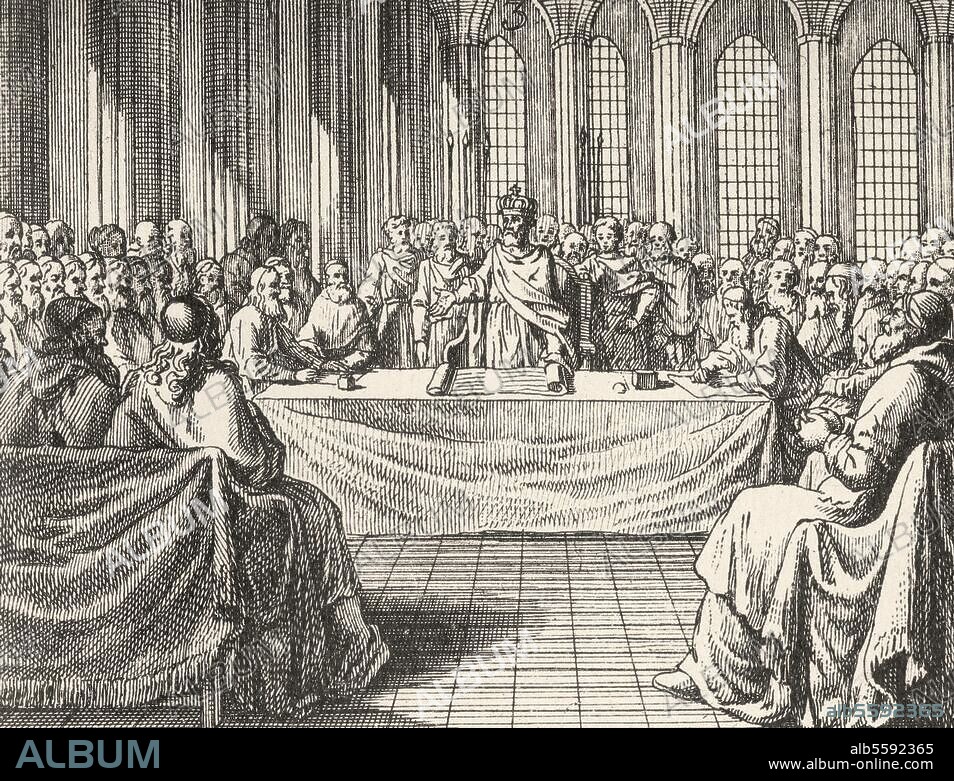 1st Ecumenical Council of Nicaea (Nikaia today Iznik, Turkey), 325 A.D. Emperor Constantine at the Council of Nicaea. Wtching by Schleuen after drawing by Daniel Chodowiecki (1726-1801). Illustr. to: J.B.Basedow, Elementarwerk für die Jugend und ihre Freunde, Berlin and Dessau, 1774, Table LXXVI, 1. I.