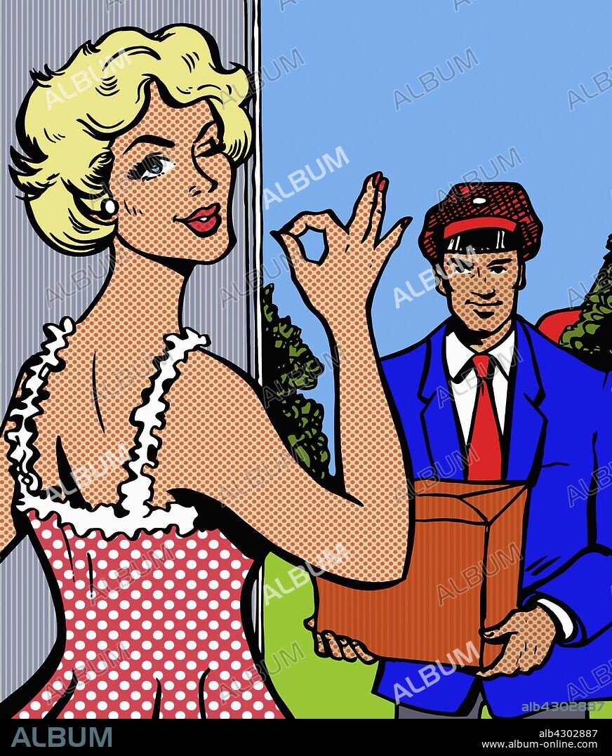 Stereotypical housewife pleased with handsome delivery man.