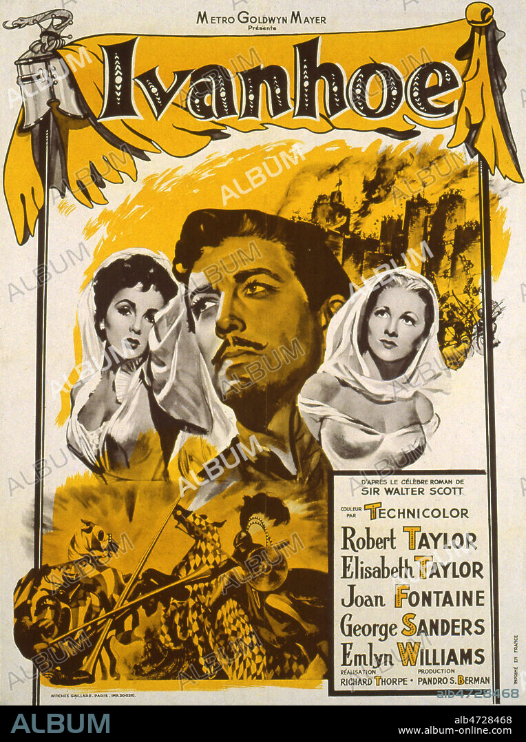 'Ivanhoe' Illustration anonyme pour l'affiche du film realise en 1952 par Richard THORPE (1896-1991) d'apres Walter SCOTT (1771-1832) avec Robert TAYLOR (1911-1969), Joan FONTAINE (NEE EN 1917), George SANDERS (1906-1972). Credit : Coll. Perron/KHARBINE-TAPABOR.