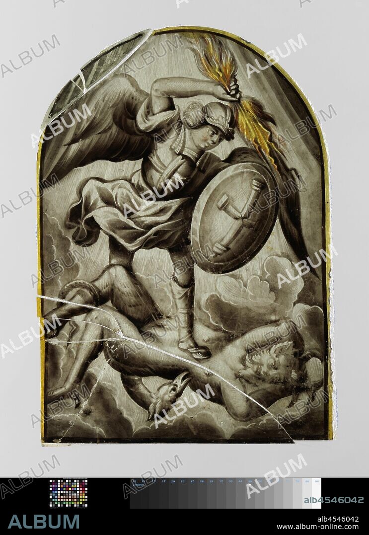 Window pane with the Archangel Michael fighting a devil figure, Stained glass pane in grisaille and silver yellow with an image of the Archangel Michael dressed in a coat of arms, with wings and a coat of arms. He threatens a devil with a bundle of lightning beams., anonymous, c. 1550 - c. 1650, glass, h 22.9 cm × w 16.2 cm.