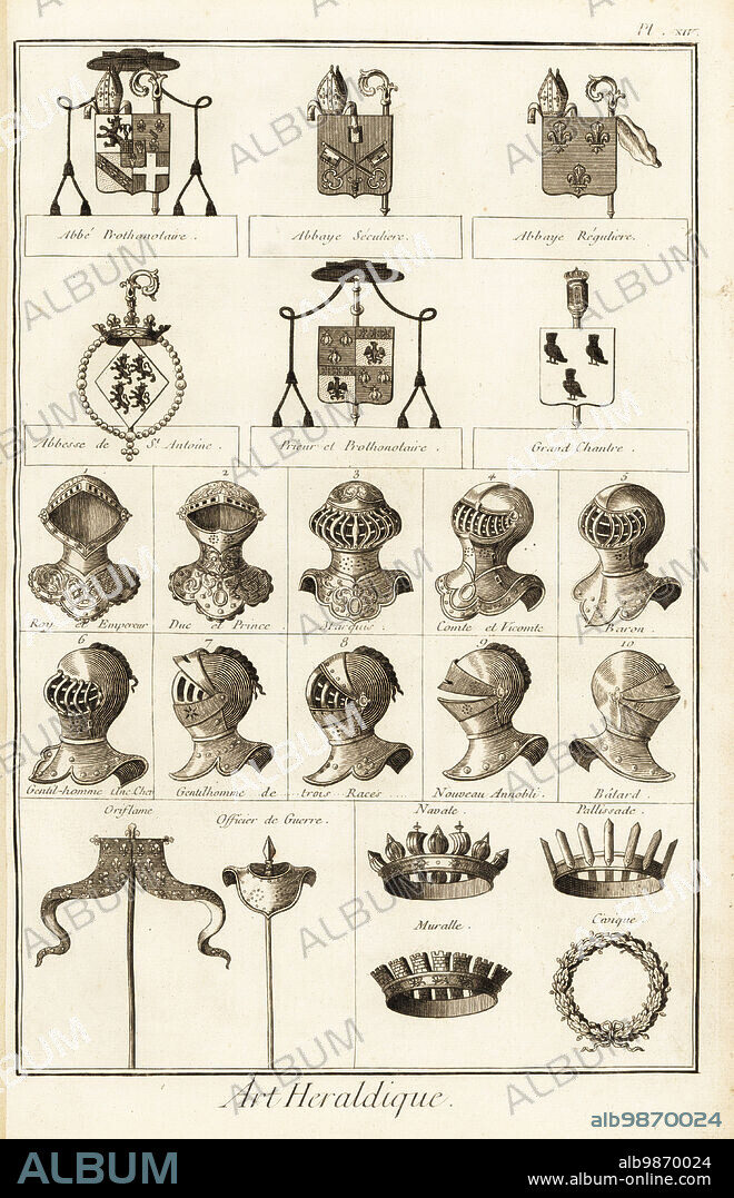Coats of arms of religious ranks, helms, coronets of nobility. Arms of the Abbe Prothonotaire, Abbaye Seculiere, Abbesse de St Antoine, Prieur. Helms of a king, prince, marquis, count, baron, gentleman, bastard. Oriflame and ensign, navale, muralle, pallisade and civique coronets. Copperplate engraving by Robert Benard from Blason ou Art Heraldique, the heraldry section from Denis Diderot and Jean-Baptiste le Rond dAlemberts Encyclopedie, published by Brisson, David, Le Breton and Durand, Paris, 1763.