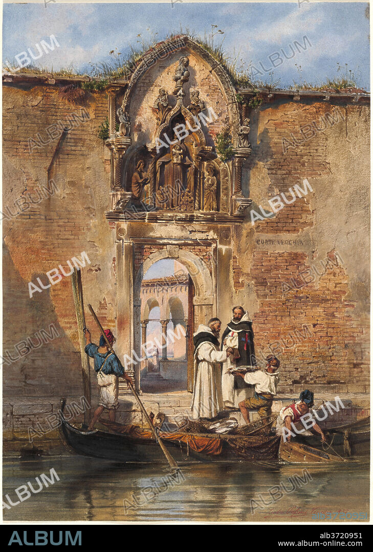 LUDWIG JOHANN PASSINI. Monks Buying Fish before the Portal of the Madonna della Misericordia. Dated: 1855. Dimensions: overall: 46.2 x 32.9 cm (18 3/16 x 12 15/16 in.). Medium: watercolor and gouache with gum arabic over graphite on wove paper.