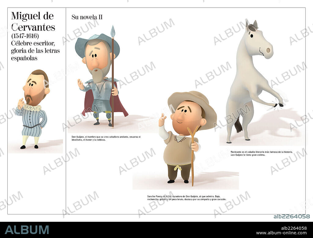 MIGUEL DE CERVANTES. Ilustraciones de los personajes de la novela Don Quijote de la Mancha, de Miguel de Cervantes, célebre escritor y gloria de las letras españolas (1547-1616).