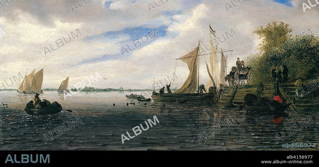 SALOMON VAN RUYSDAEL. Salomon Jacobsz. van Ruysdael (Naarden, c. 1600-Haarlem, 1670). Paisaje fluvial con figuras y un carro en un embarcadero y barcas navegando (hacia 1660 - 1670). Óleo sobre tabla. 26 x 49 cm.