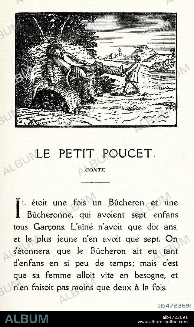 Conte LE PETIT POUCET premiere page. Gravure pour l'edition originale des Contes de ma mere l'Oye, titre originel des Contes de Perrault, 'Histoires ou contes du tempspasse avec des moralitez' , 1697. Ces vignettes etaient attribuées a Charles PERRAULT lui-meme . Credit Collection Kharbine-Tapabor.