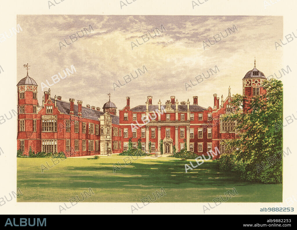 Cobham Hall, Kent, England. Manor house with Tudor wings built for Sir William Brooke, 10th Baron Cobham in the 16th century and a classical central Cross Wing remodelled in the 17th century by Peter Mills for Charles Stewart, 3rd Duke of Richmond. Landscaped gardens designed by Humphry Repton in 1790. Owned by the Bligh family, Earls of Darnley. Colour woodblock by Benjamin Fawcett in the Baxter process of an illustration by Alexander Francis Lydon from Reverend Francis Orpen Morriss Picturesque Views of the Seats of Noblemen and Gentlemen of Great Britain and Ireland, William Mackenzie, London, 1880.