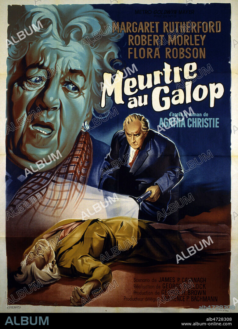 Affiche du film Meurtre au galop realise en 1963 par George POLLOCK (ne en 1907) avec Margareth RUTHERFORD (1892-1972). d'apres le roman d'Agatha CHRISTIE (1890-1976) et son personnage Miss Marple. Credit : Coll. Perron/KHARBINE-TAPABOR.