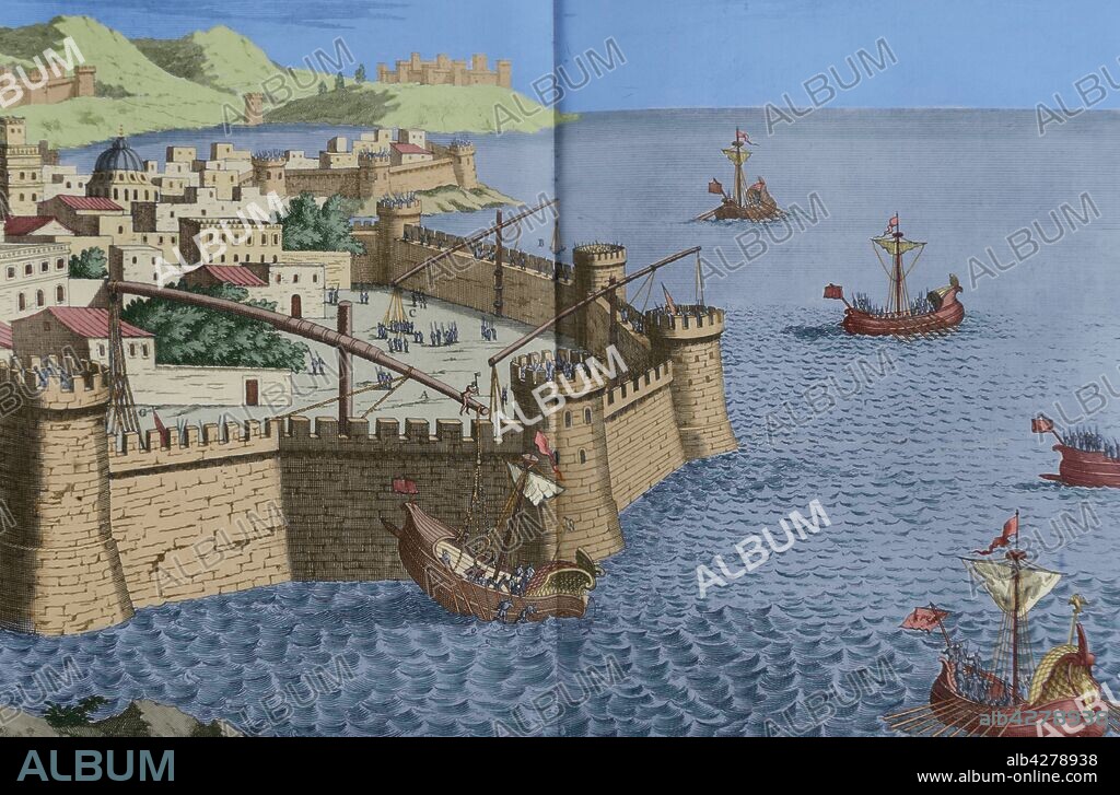Segunda Guerra Púnica. Asedio de Siracusa. 214-212 AC. Grabado de la maquinaria tipo grúas diseñadas por Arquímedes para defender la ciudad y sus murallas de la flota romana, según los historiadores Polibio y Plutarco. Coloreado. Historia de Polibio. Tomo I. Edición francesa traducida del griego por Dom Vincent Thuillier. Comentarios o Cuerpos de Ciencia Militar enriquecidos con notas críticas e histórica por M. de Folard. París, chez Pierre Gandouin, Julien-Michel Gandouin, Pierre-François Giffart y Nicolas-Pierre Armand,1727. Imprenta de Jean-Baptiste Lamesle.