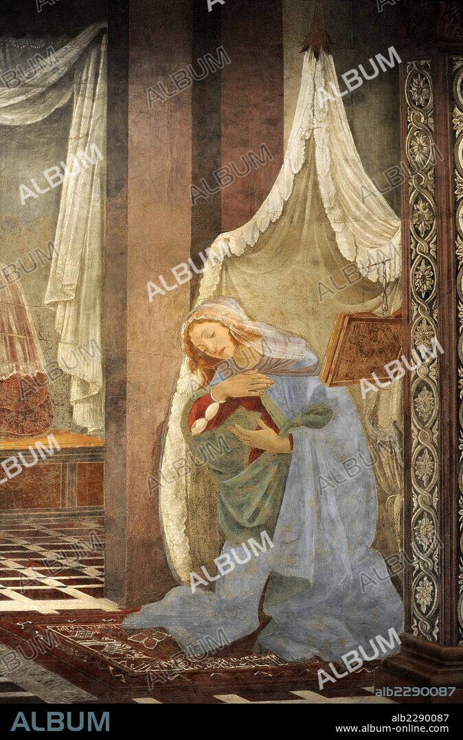 SANDRO BOTTICELLI. ARTE RENACIMIENTO. ITALIA. BOTTICELLI, Alessandro o Sandro Filipepi, llamado (Florencia, 1445-1510). Pintor italiano. "La Anunciación", abril-mayo de 1481. Fresco. Galeria Uffizi. Florencia. Italia. Detalle.