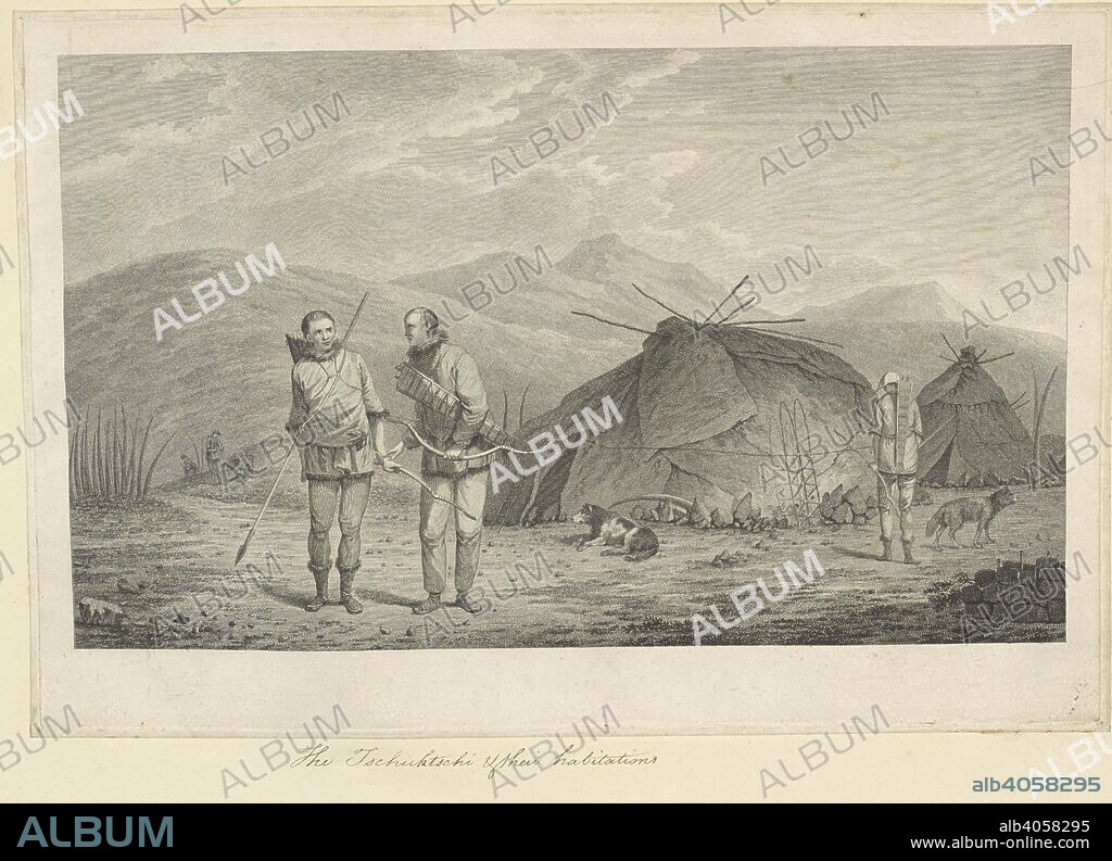 The Tschuktschi, and their habitations; drawn by John Webber and engraved by Daniel Lerpiniere. Two Chukchi men armed with bows and arrows at left, a third figure and a dog at right. Two summer huts (Yarangas) at right. In the background behind the figures is a hillock (semidugout) serving as another habitation. In 1779, Captain James Cook's Discovery and Resolution anchored in the bay of Petropavlovsk-Kamchatsky, following Cook's death. . A collection of drawings by A. Buchan, S. Parkinson, and J. F. Miller, made in the Countries visited by Captain James Cook in his First Voyage [1768-1771], also of prints published in John Hawksworth's Voyages of Biron [Byron], Wallis, and Cook [1773], as well as in Cook's second and third Voyages [1772-1775, 1776-1780]. 1768-1780. Source: Add.23921 f.101.