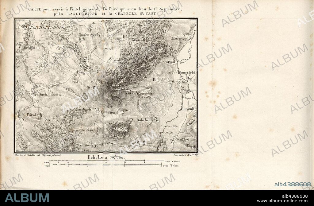Langenbruk Map and St. Cast Chapel, Map Surroundings Langenbruck Baden-Württemberg Germany, after S. 226, S. 244, Tome 3, Desmadryl ainé (dessiné); Engelmann (imp.), Maréchal [Laurent de] Gouvion-Saint-Cyr: Mémoires sur les campagnes des armées du Rhin et de Rhin-et-Moselle, de 1792 jusqu'à la paix de Campo-Formio. Tome 3. Paris. Anselin, libraire pour l'art militaire, 1828-1829.