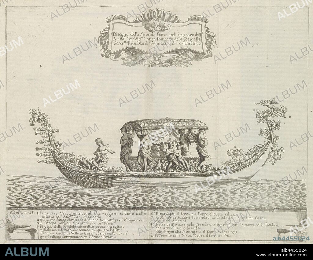 Gondola with allegorical figures Disegno della Seconda Barca nell'ingresso dell'Amba.re (...) (title on object), Ornamented gondola with allegorical figures. Title in cartouche at the top center. Explanatory list of numbers in lower margin. On the reverse a drawing in brown ink of a face of a man with a mustache and beard. The print is part of an album, gondola, Antonio Francesco Lucini (mentioned on object), Italy, 1679, paper, etching, h 302 mm × w 391 mm.