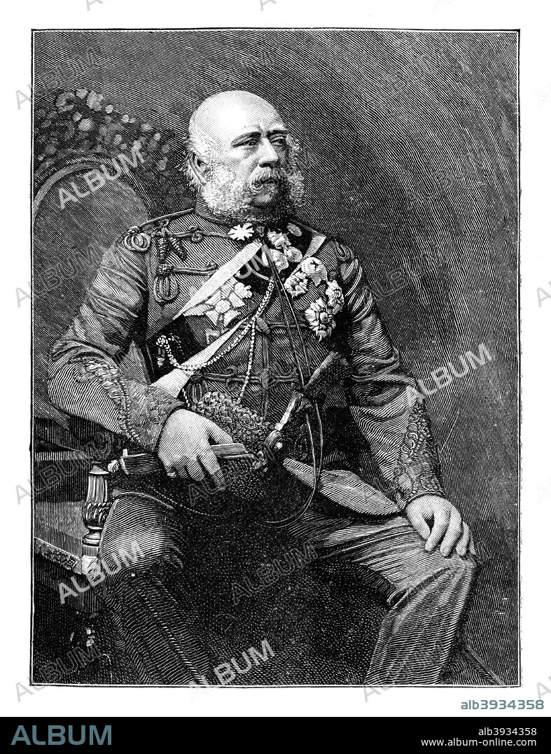 George, Duke of Cambridge, British soldier, 1888. A cousin of Queen Victoria, the Duke of Cambridge (1819-1904) commanded a division in the Crimean War of 1853-1856 and was present at Alma and Inkerman. Promoted to the rank of Field Marshal in 1862, he became Commander-in-Chief of the British army in 1887. Illustration from The Life & Times of Queen Victoria, Vol II, by Robert Wilson.
