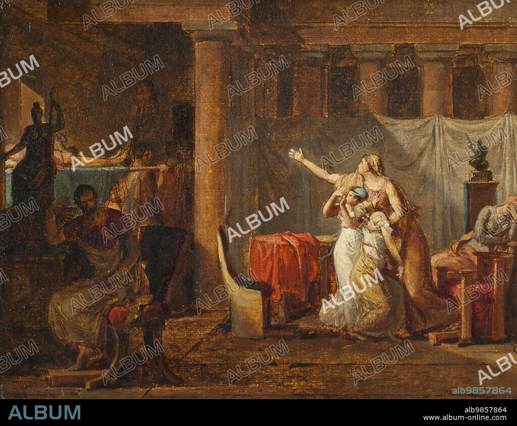 JACQUES LOUIS DAVID. The Lictors Returning to Brutus the Bodies of his Sons. Study, late 18th-early 19th century. The Roman leader Lucius Junius Brutus (6th century BCE), founder of the Roman Republic, contemplates the fate of his sons. They had conspired to overthrow the republic and restore the monarchy, and Brutus himself was compelled to order their deaths. In doing so, Brutus became the heroic defender of the republic, at the cost of his own family.