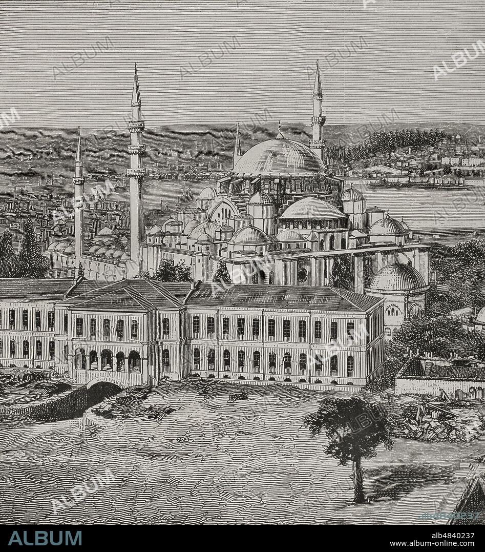 MIMAR SIANAN (C. 1488/1490-1588). OTTOMAN ARCHITECT.. Turkey, Istanbul. Suleymaniye Mosque designed by architect Mimar Sinan. Ottoman architecture. Engraving. La Ilustración Española y Americana, 1878.