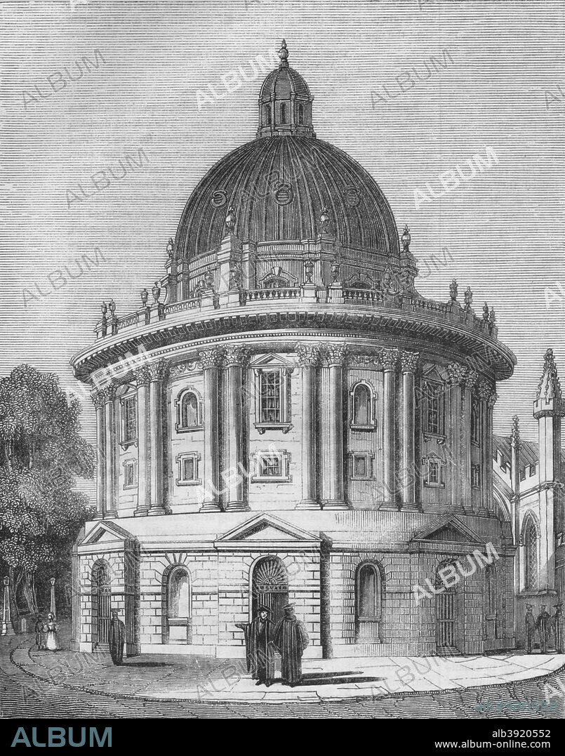 'Radcliffe's Library', 1845. The Radcliffe Camera  is a building of Oxford University, England, designed by James Gibbs in neo-classical style and built in 1737-1749.  From Old England: A Pictorial Museum of Regal, Ecclesiastical, Baronial, Municipal, and Popular Antiquities, Volume II. [Charles Knight and Co., London, 1845].