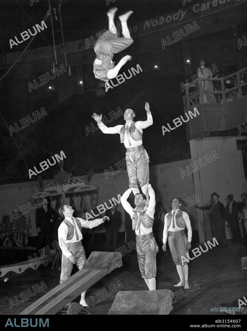 New York, New York:    April 5, 1940 'The Picchians' acrobatic act of the Ringling Brothers and Barnum & Bailey Circus rehearse for the season's opening night at Madison Square Garden.