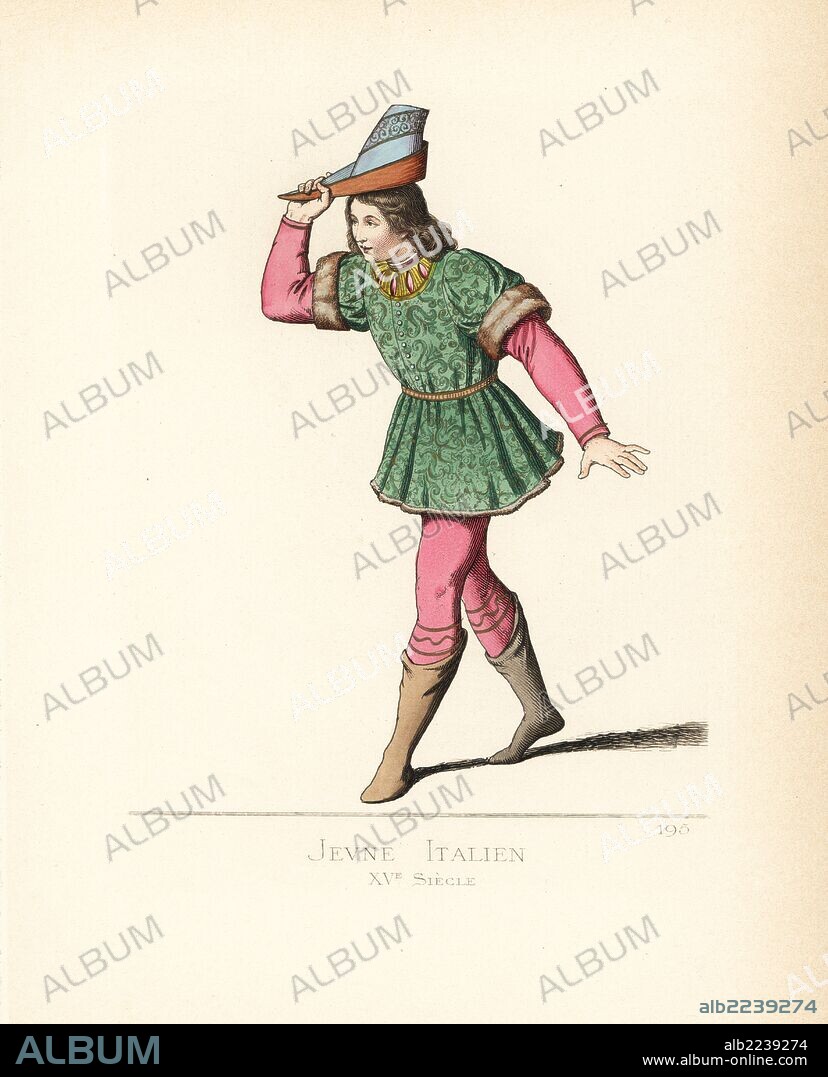 Young Italian man doffing his hat in salute, 15th century. He wears a violet peaked cap, a crimson velvet doublet, green damask tunic with fur trim, crimson stockings and leather boots. From a miniature in the Duke of Urbino's Bible in the Vatican library. Handcoloured illustration drawn and lithographed by Paul Mercuri with text by Camille Bonnard from "Historical Costumes from the 12th to 15th Centuries," Levy Fils, Paris, 1861.