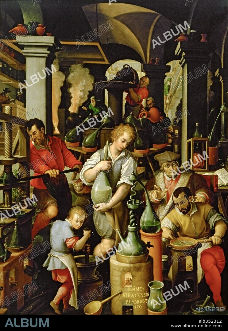 STRADANUS. An Alchemist's Laboratory, 1570, Oil on slate.