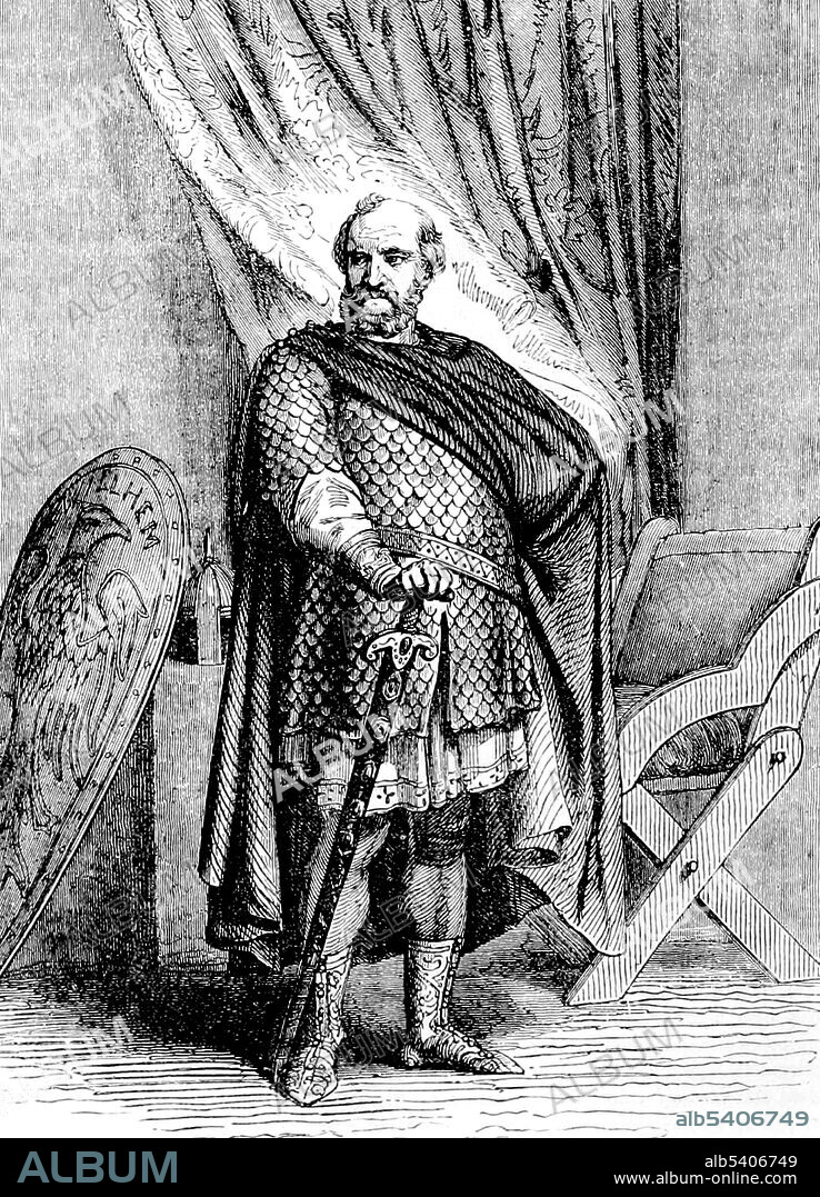 William I (1028 - September 9, 1087) was the first Norman King of England (1066-87). The descendant of Viking raiders, he launched the Norman conquest of England and was crowned king on Christmas Day 1066. Several unsuccessful rebellions followed, but by 1075 William's hold on England was mostly secure. His final years were marked by difficulties in his continental domains, troubles with his eldest son, and threatened invasions of England by the Danes. He died in 1087 while leading a campaign in northern France, and was buried in Caen. His lands were divided after his death: Normandy went to his eldest son, Robert, and his second surviving son, William, received England. Cassell's Illustrated History of England, 1865 (cropped and cleaned).