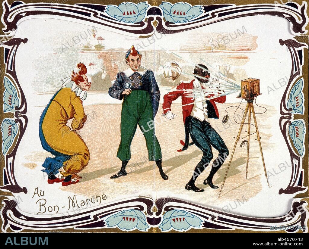 Les clowns FOOTIT (1864-1921) et CHOCOLAT (1868-1917) dans leur numero Le Telephone-Bar. Chromo publicitaire a systeme pour le Bon Marche vers 1900. Credit Collection Kharbine Tapabor.
