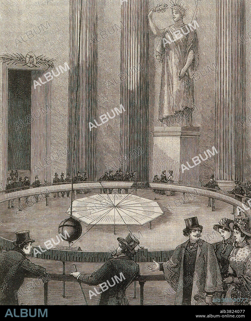 Entitled: Leon Foucault demonstrating his pendulum at the pantheon in Paris in 1851. As the pendulum swings to and fro in the same straight line relative to the stars, the earth turns slowly beneath it; so compared to the floor, the pendulum's line of swing moves. The Foucault pendulum is a simple device conceived as an experiment to demonstrate the rotation of the Earth. While it had long been known that the Earth rotates, the introduction of the Foucault pendulum in 1851 was the first simple proof of the rotation in an easy-to-see experiment. The first public exhibition of a Foucault pendulum took place in February 1851 in the Meridian of the Paris Observatory. A few weeks later Foucault made his most famous pendulum when he suspended a 28 kg brass-coated lead bob with a 67 meter long wire from the dome of the Pantheon, Paris. No artist credited, undated.