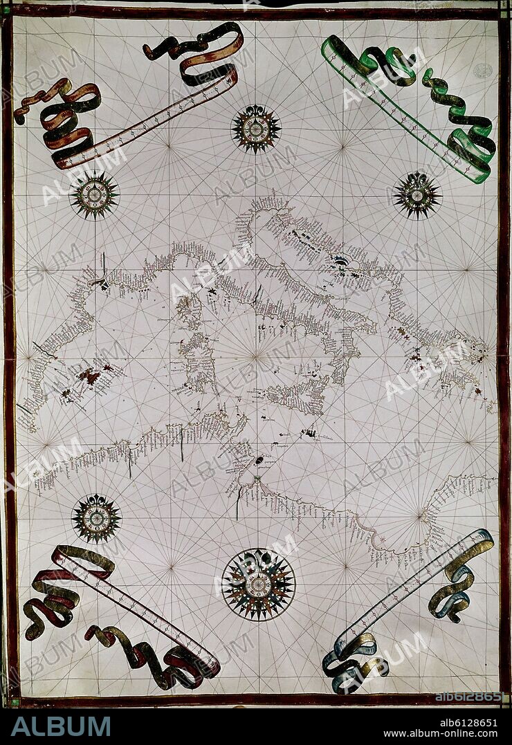 JUAN MARTINEZ (?-1591) CARTOGRAFO. PLANO- COSTA DESDE MURCIA A GRECIA Y NORTE DE AFRICA - SIGLO XVI.